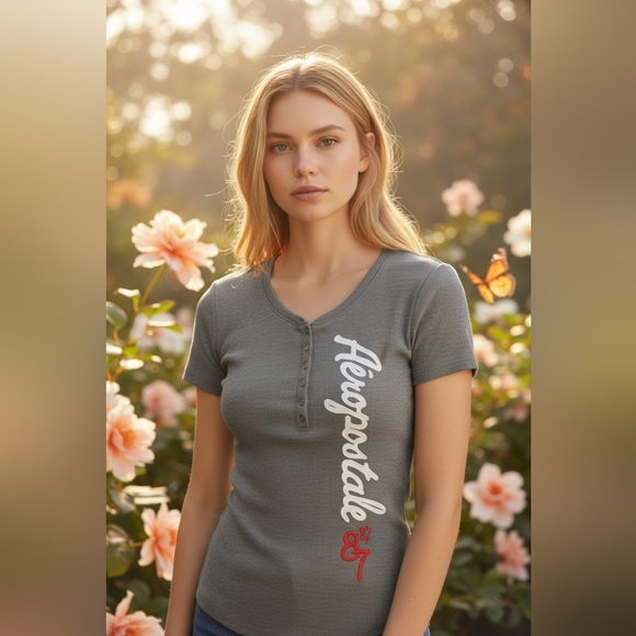 Aeropostale Tops - Aeropostale Y2K Henly Charcoal Tee with Logo Sz Large